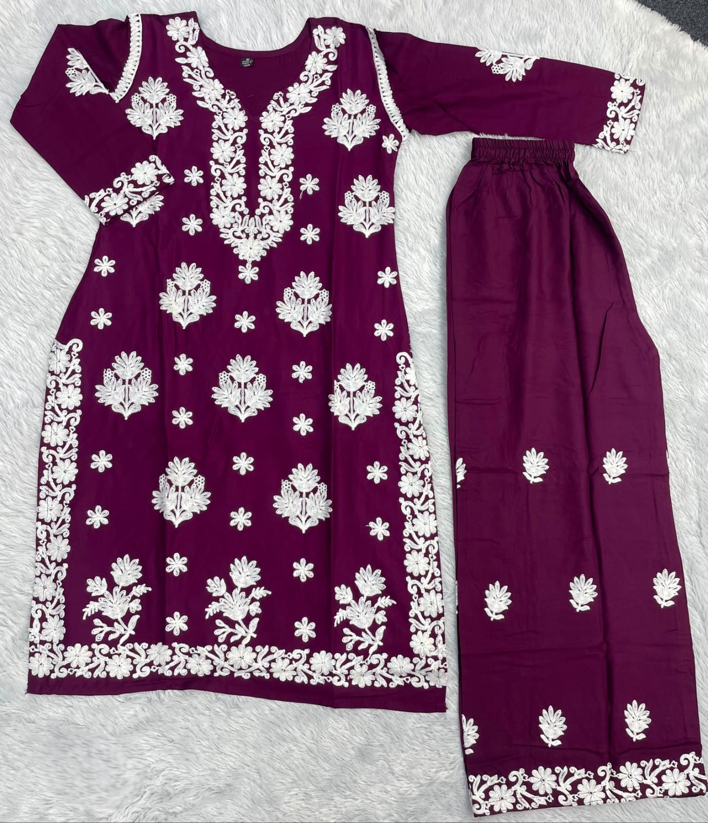 Trending Heavy Chikankari Rayon Kurti With Plazzo Set